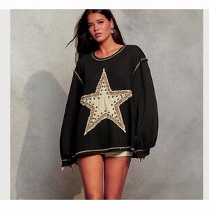 POL Black Starry Night Ribbed Oversized Star Patchwork Top with Brass Grommets